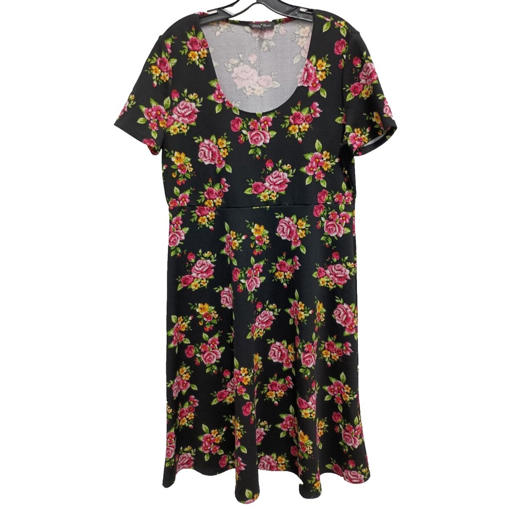 Slinky Brand Womens BOHOā Midi Dress Large Black Floral Short Sleeve Romantic